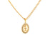 The Little Boy Pendant Necklace, an exquisite Mother's Day gift, showcases a 14k gold-filled pendant with intricate detailing, surrounded by small gemstones. This elegant piece gracefully hangs on a delicate Cuban link chain against a white background, highlighting its timeless beauty.